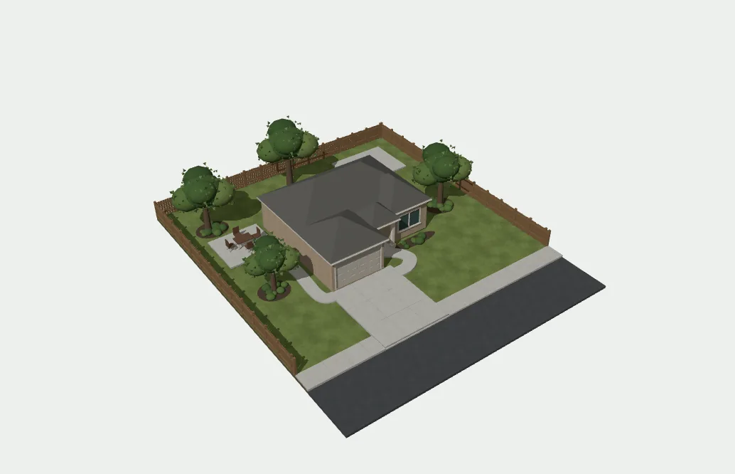 Static view of the 3D property model, with a driveway, patio, slab, and connecting paths.